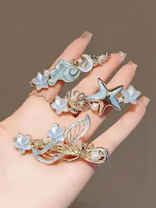 3Pcs Blue Enamel Mermaid Star Hair Clips Set - Celestial Moon & Seashell Pearl Hair Barrettes for Women, Opal Star Hair Pins for Wedding Party Daily Wear