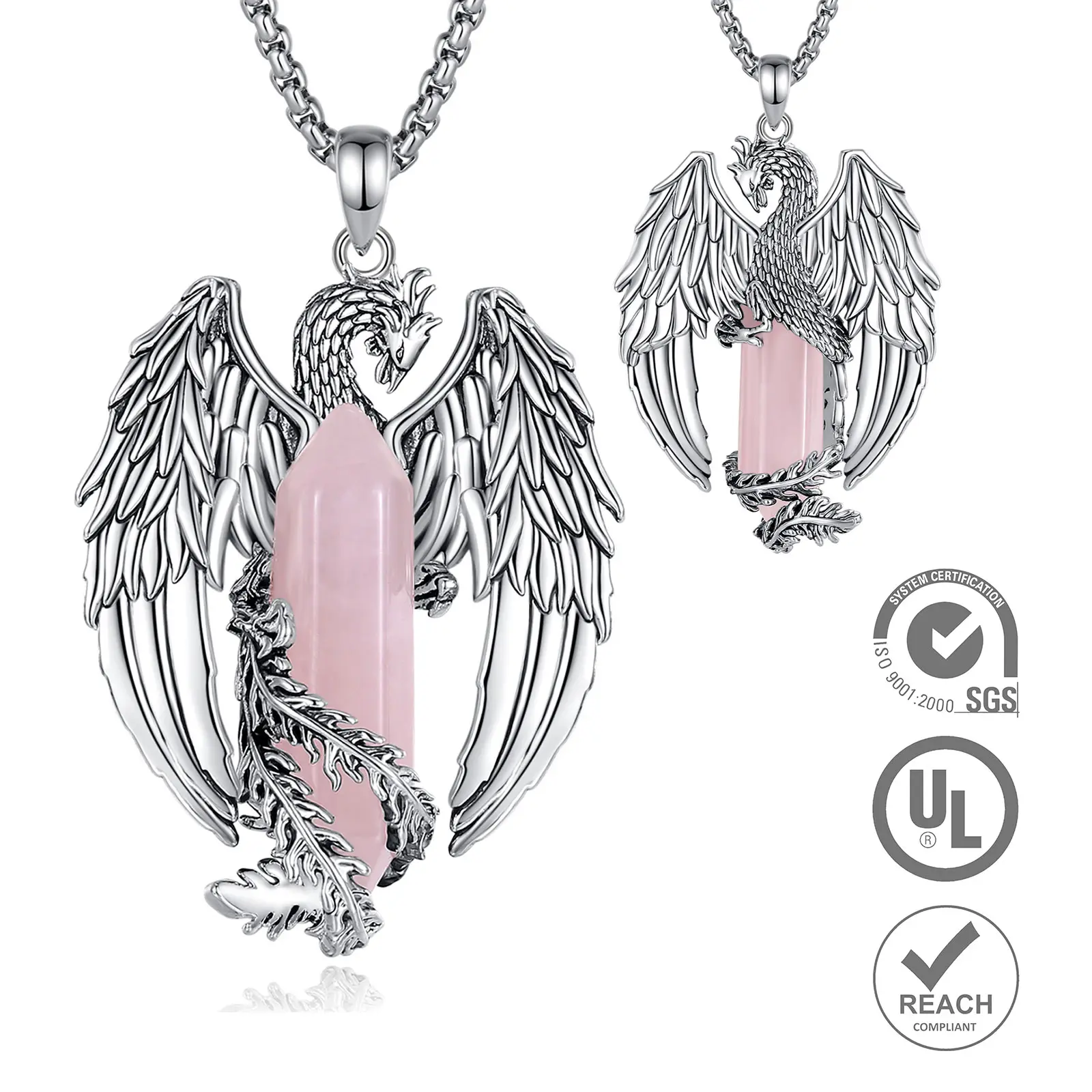Roaring Phoenix Pink Quartz With 24" Rope Chain
