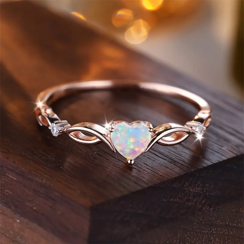 Synthetic Opal Birthstone Rings for Women, Minimalist Heart-Shaped Sterling Silver Jewelry, Elegant Anniversary & Wedding Gift Ideas