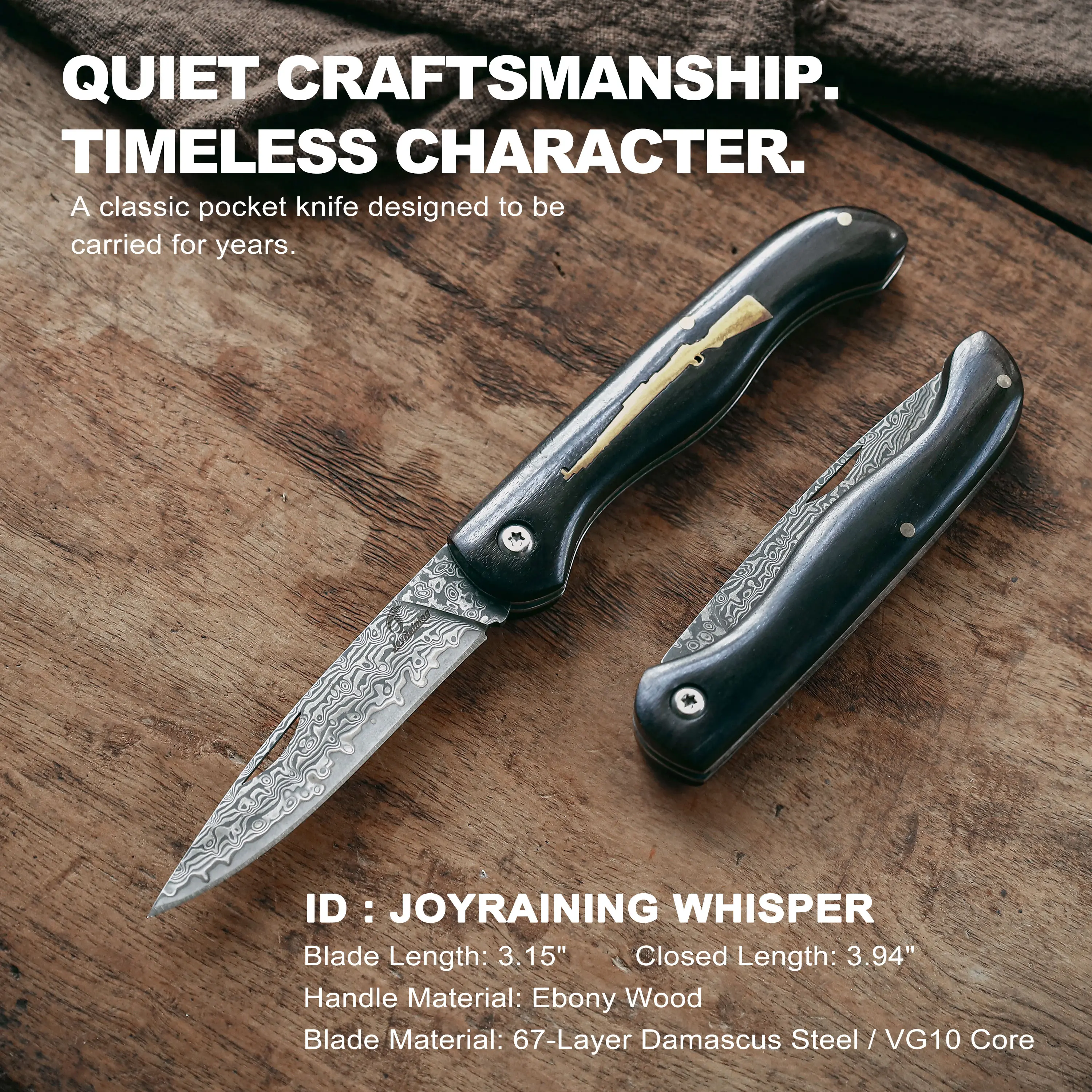 Joyraining Whisper Damascus Pocket Knife - 67-Layer VG10 Damascus Steel Blade, Ebony Wood Handle with Copper Inlay, Traditional Non-Locking Slip Joint Folding Knife, Lightweight Gentleman’s EDC for Fishing, Whittling, Bushcrafting, Men’s Gift