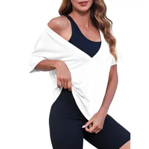 Imily Bela Womens Sexy Deep V Neck T Shirts Summer Short Sleeve Tops Casual Loose Fit Tees