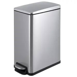Garvee Slim 12 Gallon Stainless Steel Kitchen Garbage Can with Lid, Inner Bucket, and Step-On Foot Pedal - Narrow Silver Metal Trash Bin for Efficient Waste Management