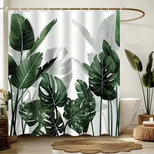 Waterproof Green Leaf Shower Curtain, Botanical Polyester Bathroom Curtain, Mildew Resistant with 12 Hooks