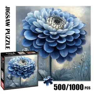 1pc 1000 piece adult puzzle 58x58cm Large Blue Dahlia Flower with Smaller Blooms and Foliage 500 pieces of paper puzzle, suitable for adults and families, large-scale DIY puzzle interactive toy gam