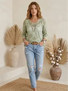 Women's Summer Boho Crochet Top Cotton Hollow Out Knit Shirt V Neck Batwing Half Sleeve Loose Casual Pullover Beach Cover Up