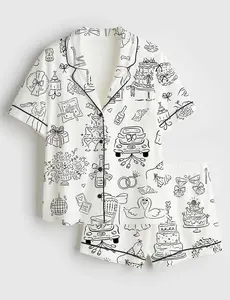 Women's Hand Drawn Whimsical Wedding Illustrations Satin Pajama Set Bride Short Sleeve PJs Bridal Shower Bachelorette Sleepwear 100% Polyester Satin