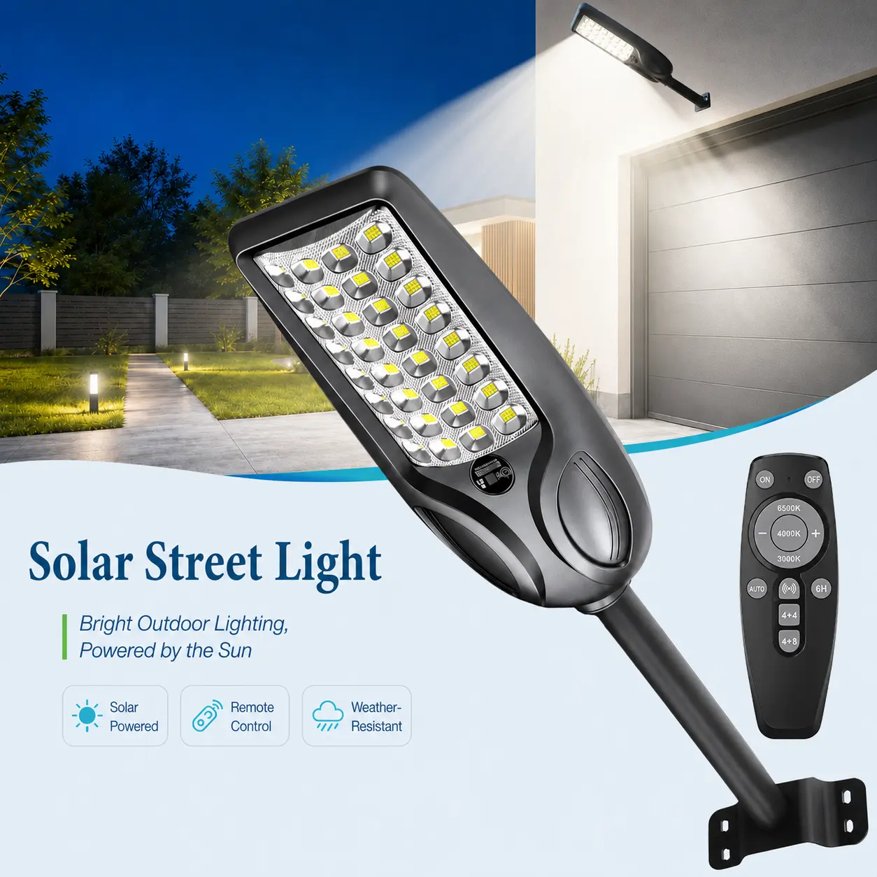 TERDOX Solar Street Light Outdoor, LED Motion Sensor Light, Solar Floodlight with Remote Control, IP65 Waterproof, Color Adjustable, 3 Modes, Dusk to Dawn, Used for   courtyards driveways walkways garages Sheds Patios and streets