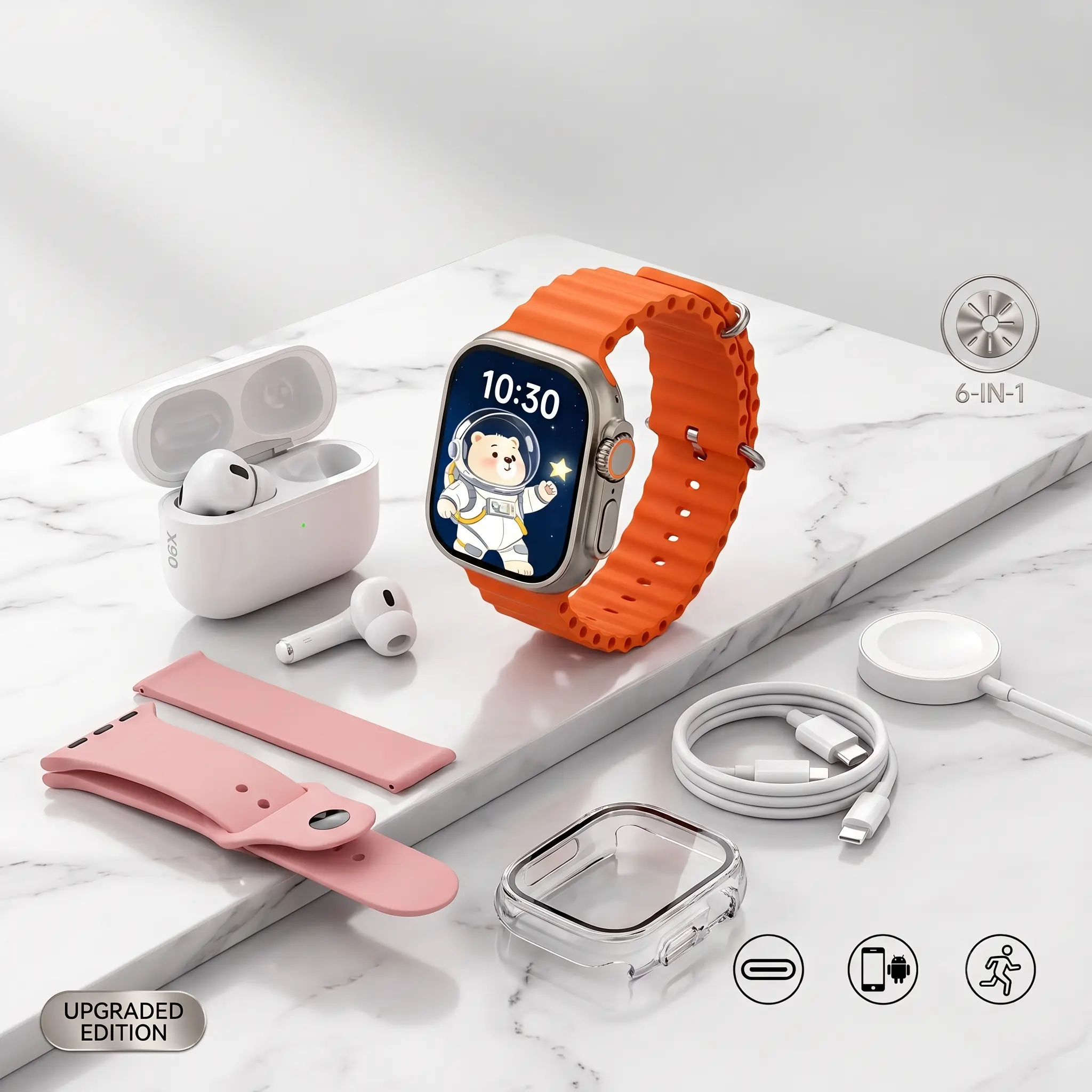 Smart watch Kit with Bluetooth Headphones, Type-C Cable & Audio Support – Compact All-in-One Bundle