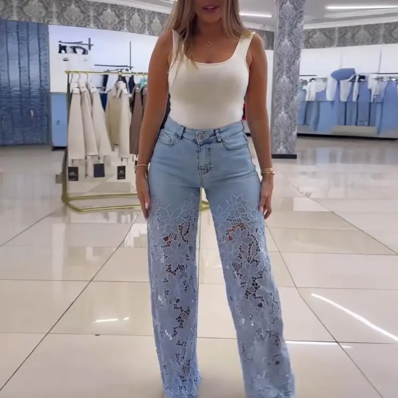 CHICME Guipure Lace Spliced High Waist Zipper Fly Wide Leg Washed Jeans Pants Bottom