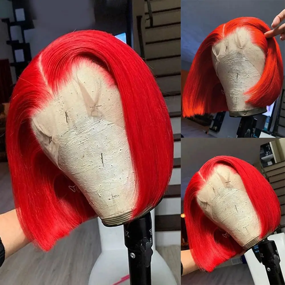 GK Pre Plucked HD Transparent 13X4 Straight Red Blunt Cut Bob Wig Human Hair Lace Frontal Wig With Baby Hair Natural Hairline Glueless  Unprocessed Human Hair Red Bob Wigs Lace Front With Black Women #SummerVibes