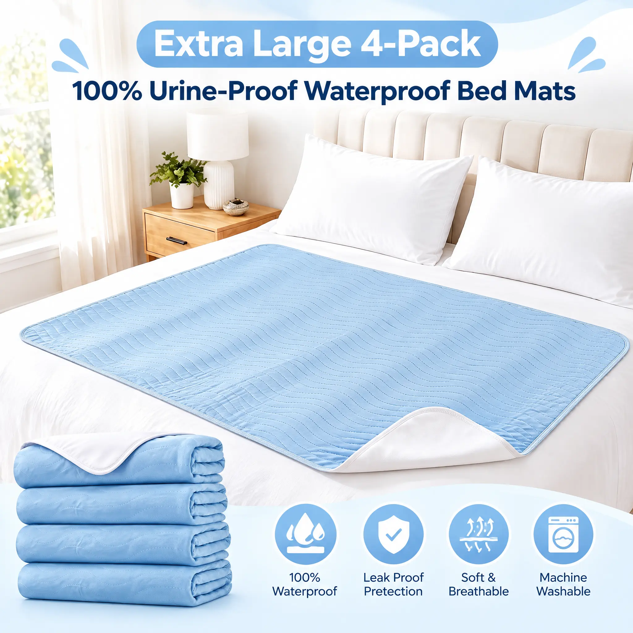 Extra Large Washable Underpads Washable Underpads, 4-Pack Waterproof Bed Pads for Adults and Kids, Soft Reusable Incontinence Bed Mats, 100% Leakproof Protection