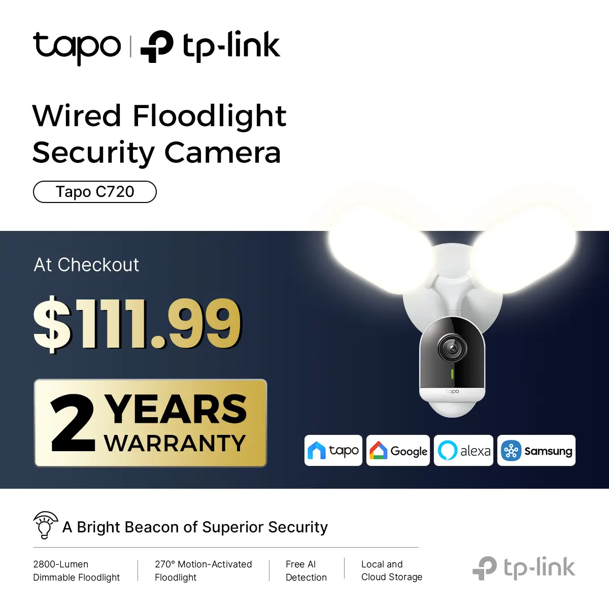 TP-Link & Tapo C720 | 2K QHD Floodlight Security Camera | 2800 Lumen 270° Motion-Activated Light | Free AI Person/Vehicle Detection | No Monthly Fees | Works with Alexa & Google Home  #SummerWins #DealsForYouDays