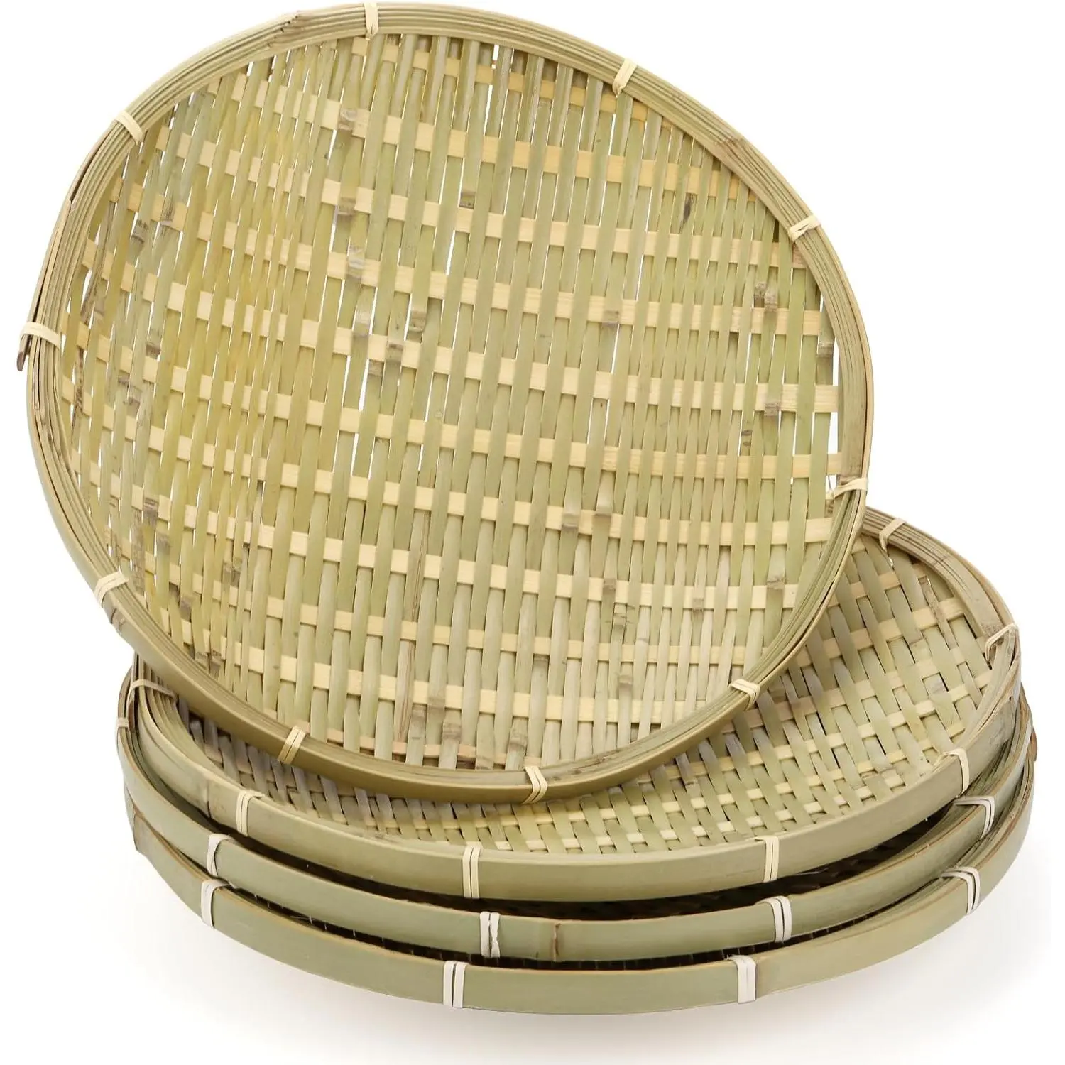 4 Packs  Basket Tray, 12 IN Round Hand Weave Bread Baskets for Serving, Woven Fruit Basket, Rattan Wicker Serving Basket for Garden, Daily Dinning, Kitchen Organization, Stackable