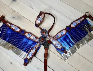 Painted Blue Flower Metallic Fringe Tack Set