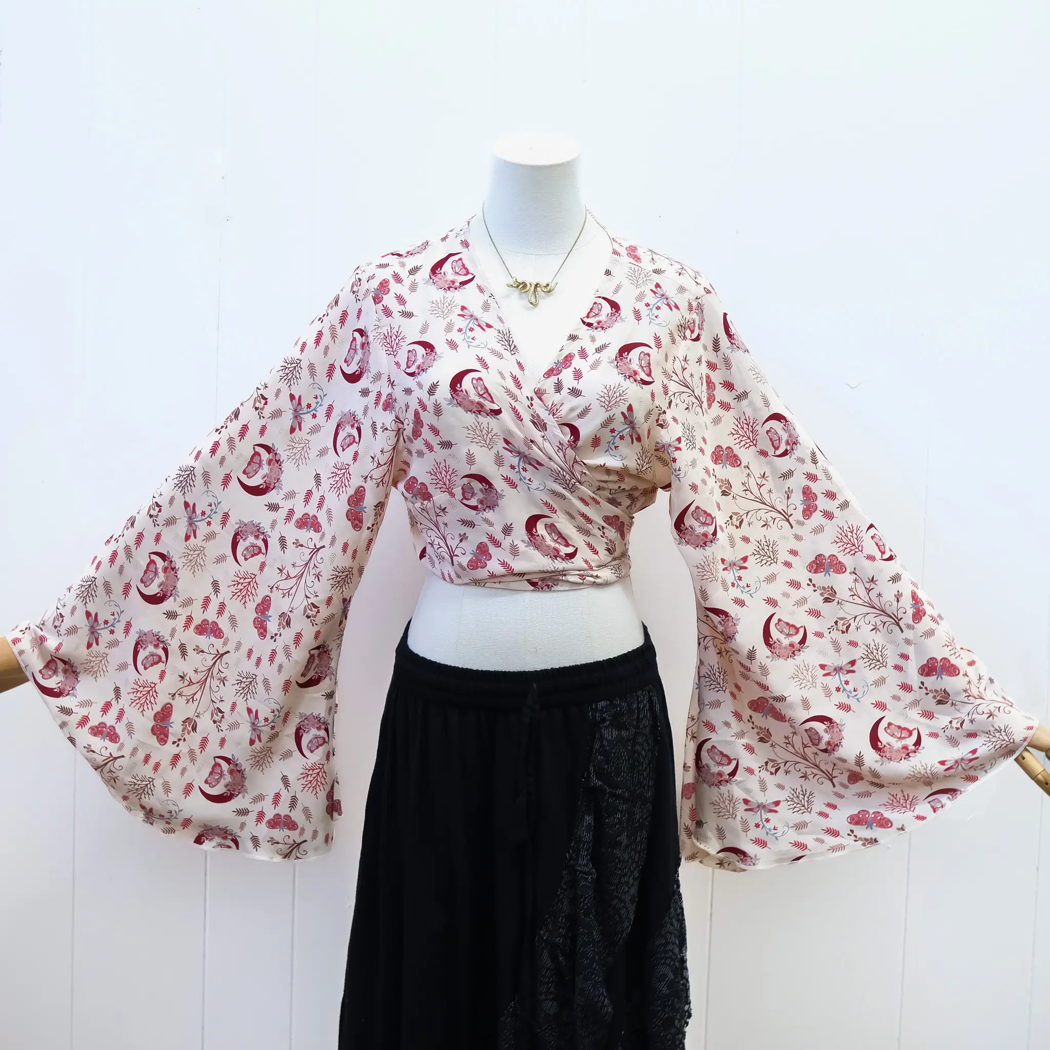 Boho Tie Top, Multi Way Bell Sleeve Tie Front Hippie Top Celestial Retro Style Top, Flare Sleeve Vintage Style Wraps, Festival Whimsy Crop Top