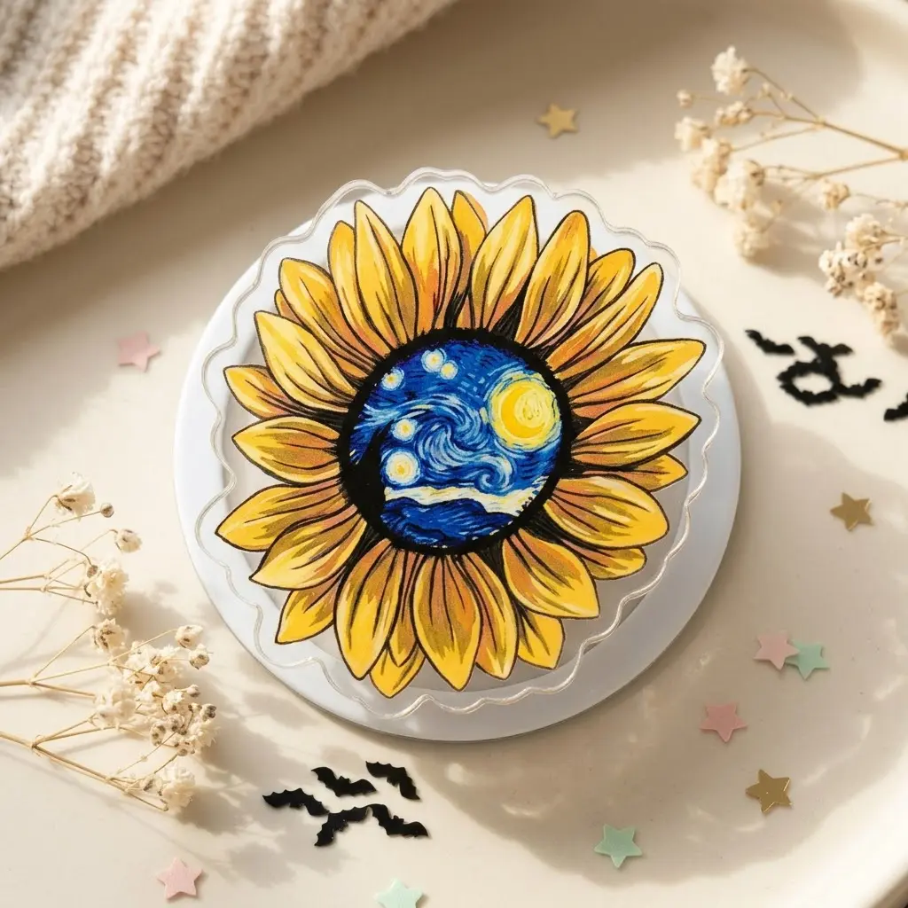 Sunflower Art Phone Grip Holder, Blue & Yellow Impressionist Floral Design, Classic Art Phone Stand, Aesthetic Reader Phone Accessory