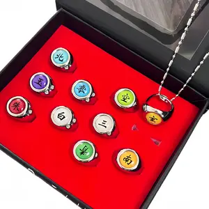 Naruto Akatsuki 10 Silver Kanji Rings Set with Necklace Adjustable Anime Cosplay Rings for Fans Perfect for Collection & Themed Gifts. men accessories