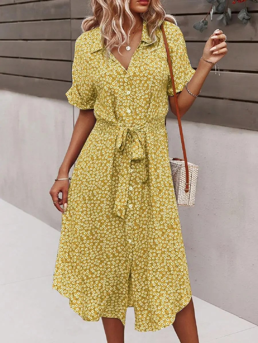 Print V-Neck A-Line Dress With Cinched Waist