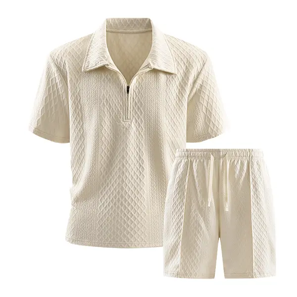Men’s two-piece set featuring a diamond texture: short-sleeve polo shirt and shorts — soft, classic fabric; 2026 summer casual luxury loungewear; solid-color men’s outfit set. Clothes Menswear Matching Sneakers Suits Textured Top