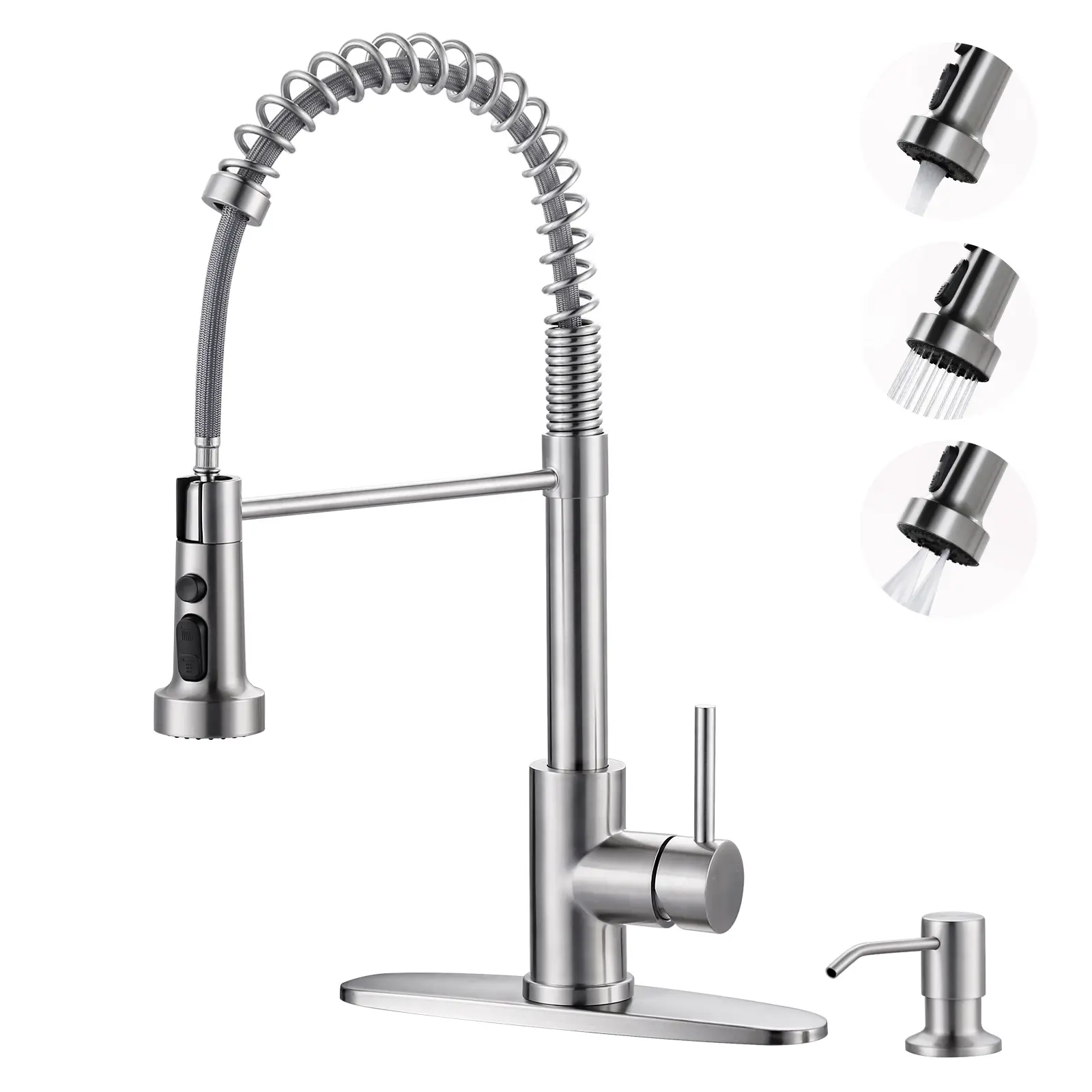 WOWOW Durable Stainless Steel Brushed Nickel Kitchen Sink Faucet, Single Handle with Pull Down Faucet Sprayer Attachment, Soap Dispenser for Farmhouse, RV, Stainless Steel Faucet