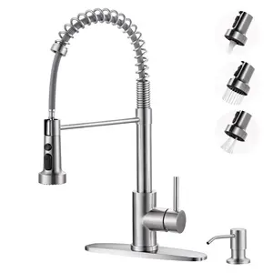 WOWOW Brushed Nickel Stainless Steel Kitchen Faucet with Soap Dispenser - Single Handle Sink Faucet with Pull Down Sprayer for Farmhouse RV Laundry