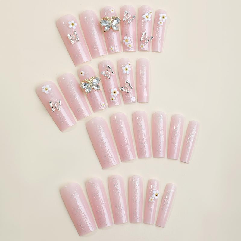 12Pcs Long Press on Nails Coffin 3D Flower Fake Nails with 3D Alloy Butterfly Charms Design  Nails for  Stick on Nail Manicure for Women Girls Rechargeable Electric Nail Clippers with Light