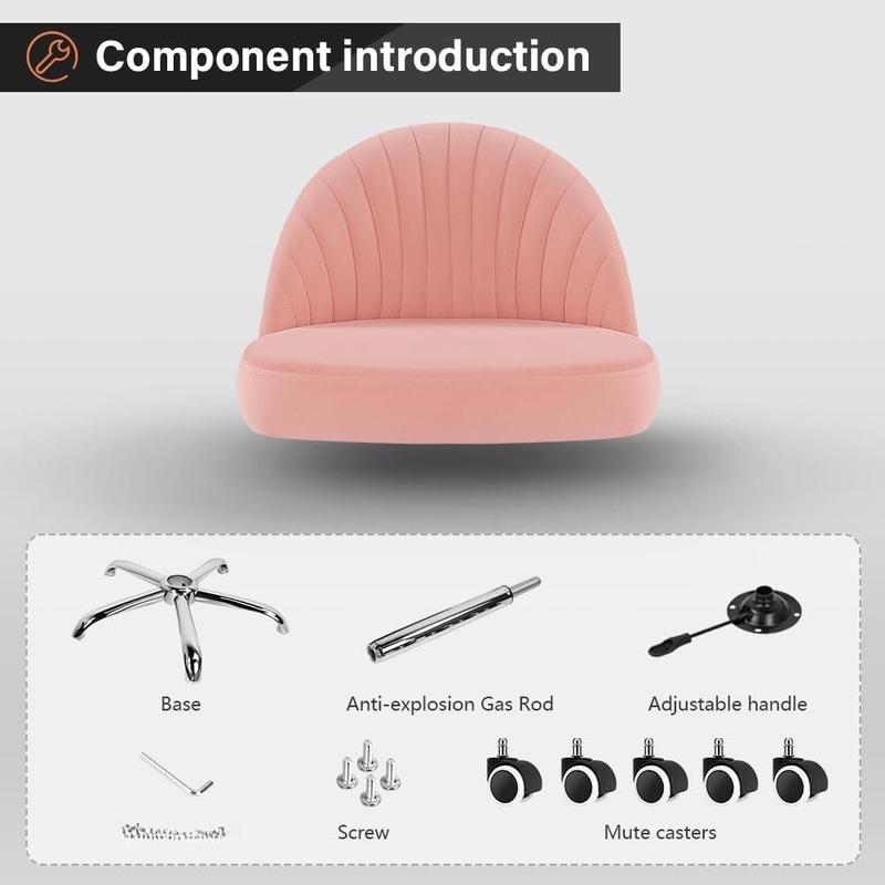 KKTONER Rolling Stool Swivel Office Chair Velvet Vanity Chairs Height Adjustable stools with Back for Bedroom Home Makeup Cosmetic Drafting(Pink)