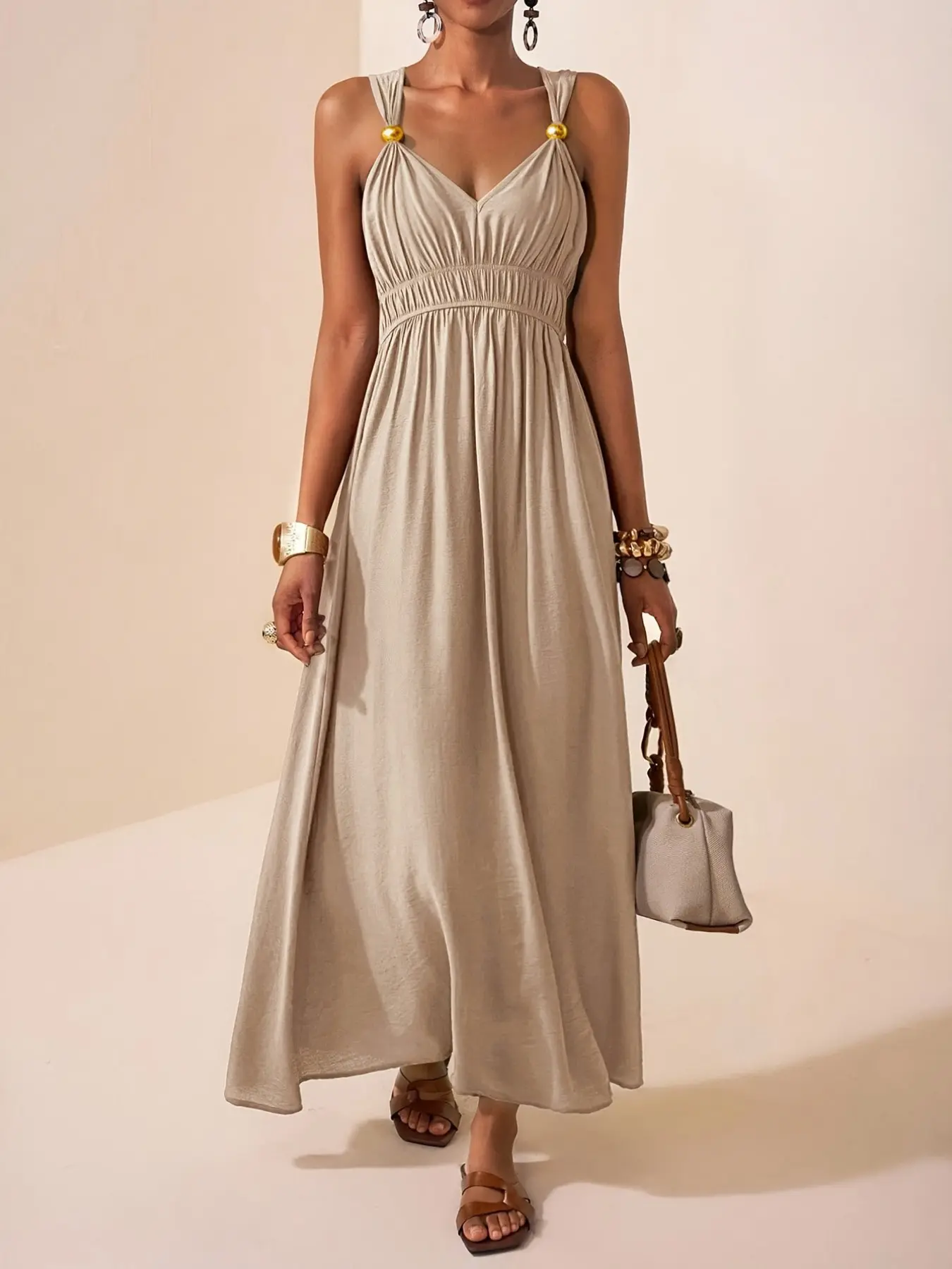 2026 Summer New Long Sleeveless Thin Strap Deep V Neck Elegant Minimalist Feminine Lady A-Line Dress, Formal Wear, Stylish Women's Fashion, Perfect for Parties and Events Womenswear