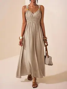 2026 Summer New Long Sleeveless Thin Strap Deep V Neck Elegant Feminine A-Line Dress, Formal Wear, Stylish Women's Fashion, Perfect for Parties and Events Womenswear