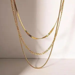 Layered Necklace Set of 3 - 14K Gold-Plated Geometric Necklaces with Cubic Zirconia Pendants & Cuban Link Chain for Women - Hypoallergenic & Versatile Jewelry for All Occasions