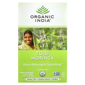 Organic India Tulsi Moringa Tea, Caffeine Free, 18 Infusion Bags, 1.27 oz (36 g)