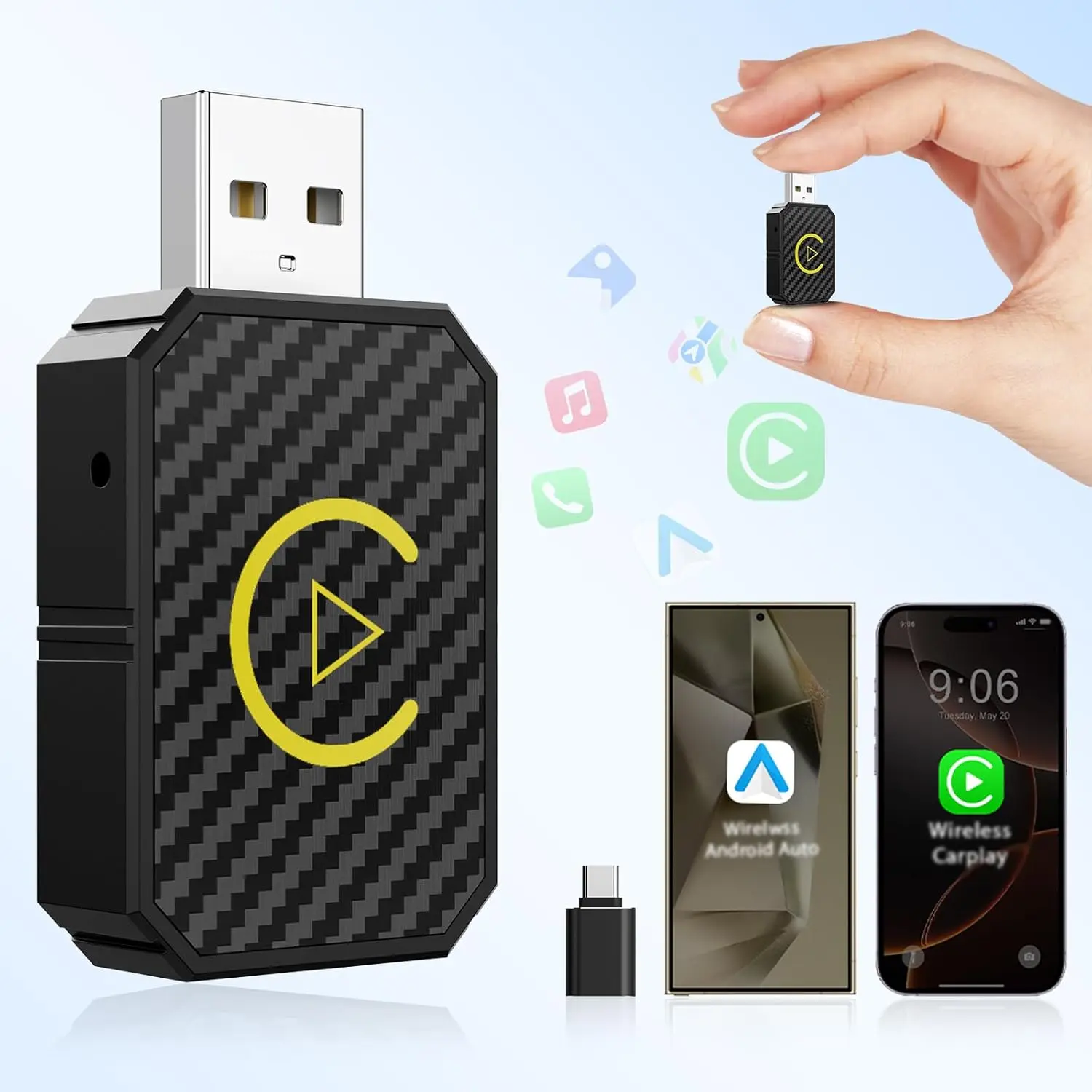 Mini Wireless CarPlay Adapter for Factory Wired Cars 2016+, Fast Bluetooth Connection, Plug & Play for iPhone & Android Auto, Stable Data Transfer, Compact Size