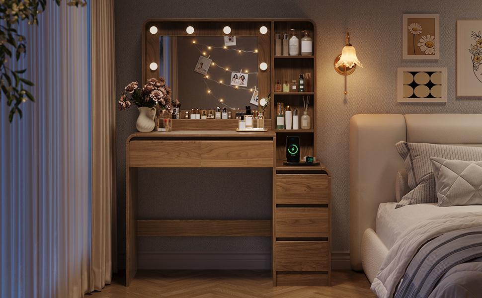 TOKSOM Modern Freestanding Makeup Vanity Desk - 35.4" Tabletop, 19.2" Bright LED Built-In Lights Elegant Mirror, 5 Drawers, 6 Open Shelves, Charging Station for Women - Bedroom Indoor Furniture Vanities, Built-In Lights Makeup Vanities