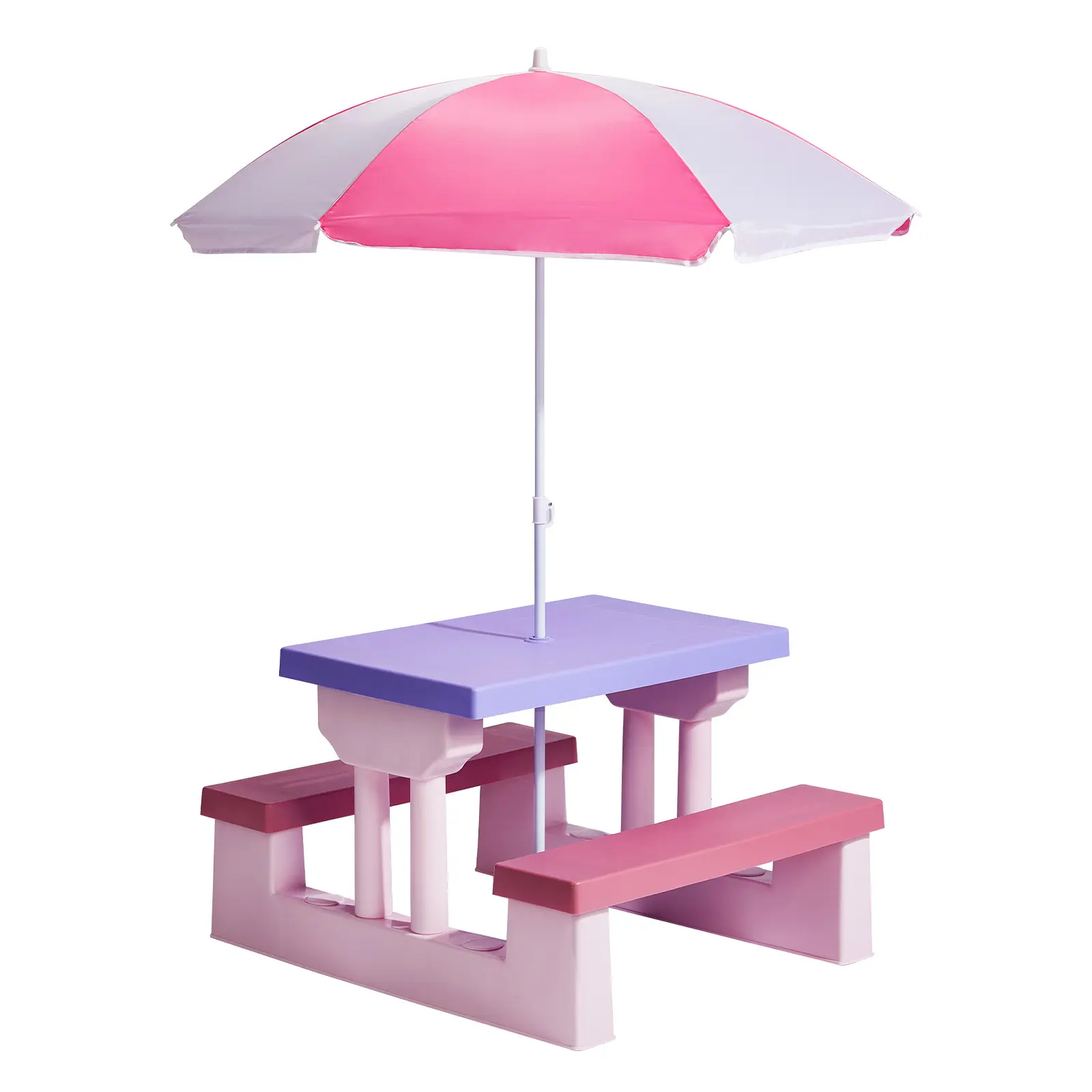 Playful Iron Rectangular Portable Camping Table & Benches Set with Large Umbrella - Durable Outdoor Picnic Furniture, Pink & Purple, Easy Clean, Quick Assembly, Sun Protection, 30.7×26.6×18.9 in, (67.5×16×24) cm, for Backyard, Beach