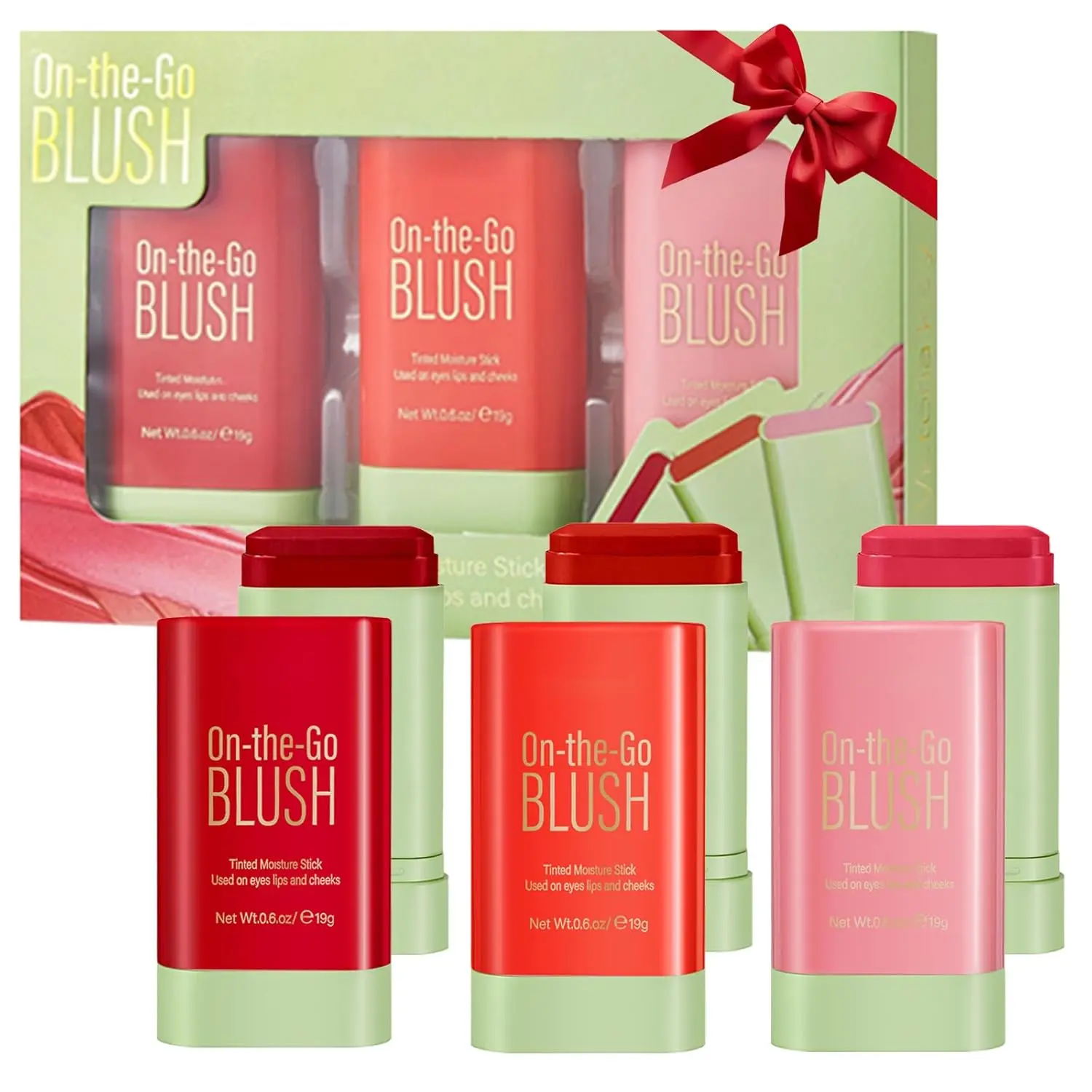 3Pcs 3-in-1 Tinted Moisturizer Cosmetic Stick - Blush, Bronzing, Highlighting Cream, Lightweight, Water-Resistant, Long-Lasting, Brightening, Shimmer-Free, for Cheeks/Lips (Pink, Hot Red, Coral Orange), Adults, Any Skin Type