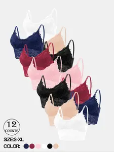 3/6/12-Piece Set Solid Color Sexy Camisole Bra (Lace Hem + Floral Embroidery!), 3/4 Cup, Clasp-Free + Removable Pads, Easy On/Off, Stretchy (No Sagging!), Seductive Y2K Vibe, Couple Vibe, Standard Sizing