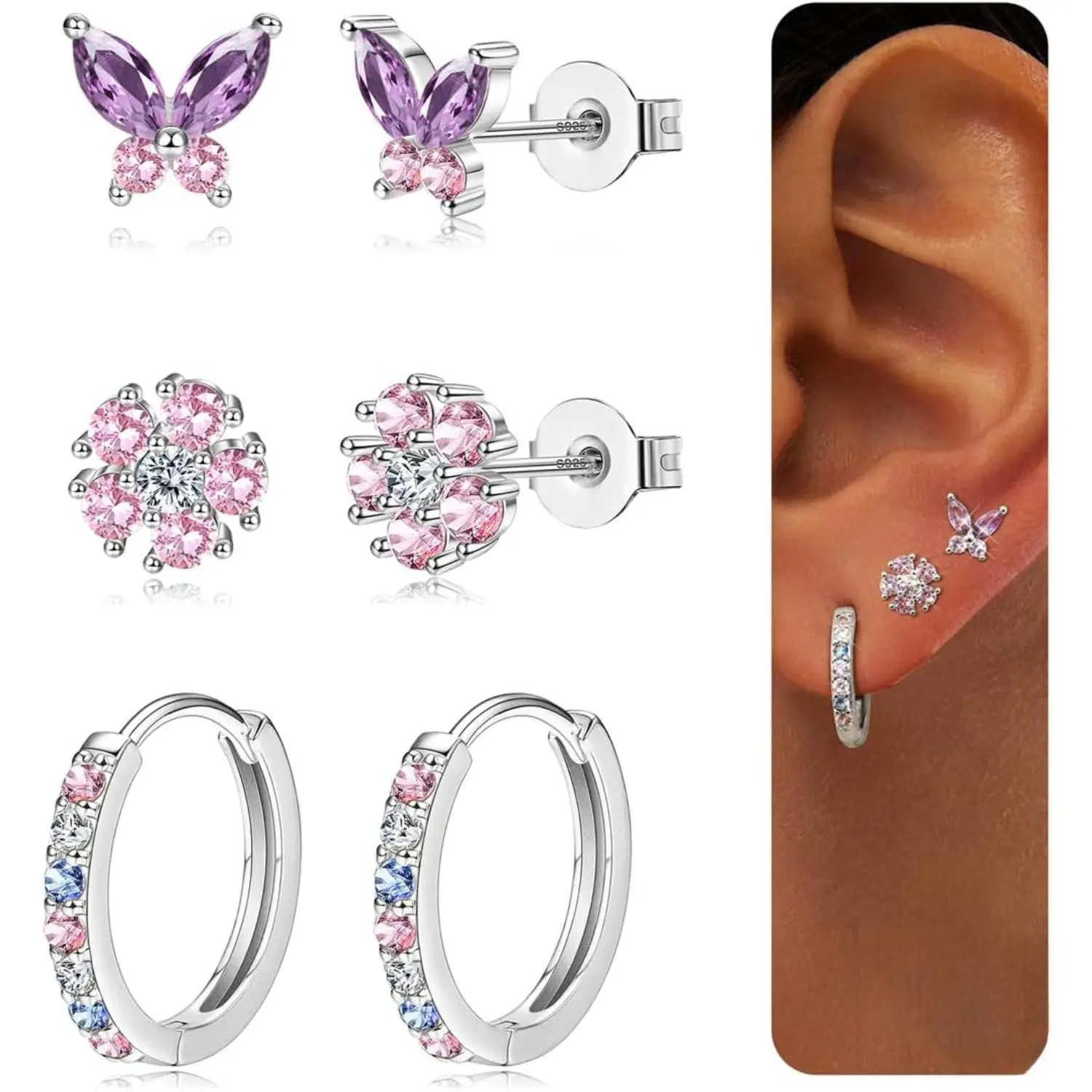 Women's 3-Pair Hypoallergenic Non-Tarnish Silver/Gold Earrings Set - Dainty Small Ear Stack Earrings with Butterfly Flower Design, Zircon Accents, for Multiple Piercings & Everyday Wear, Earring For Women