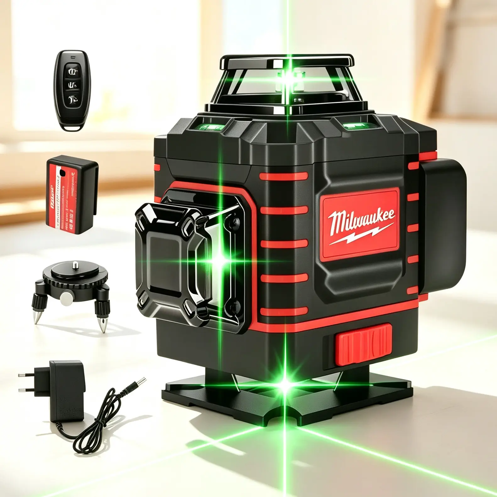 Milwaukee 4D Green Laser Level - 360° Self-Leveling, Vertical Cross Line, 360° Full Coverage for Construction, Tile Work, Framing, Includes Batteries, All-Day Working Runtime