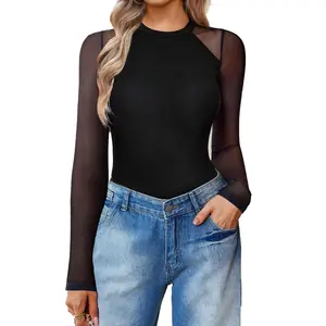 Avidlove Women's Long Sleeve Bodysuit Crew Neck Body Suits Mesh One Piece Leotards Shirt Going Out Bodysuit Tops Nylon Spandex Breathable Stretchy Comfortable