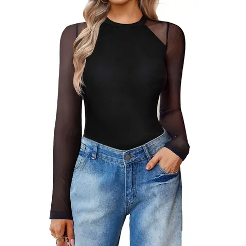 Avidlove Women's Long Sleeve Bodysuit Crew Neck Body Suits Mesh One Piece Leotards Shirt Going Out Bodysuit Tops Nylon Spandex Breathable Stretchy Comfortable