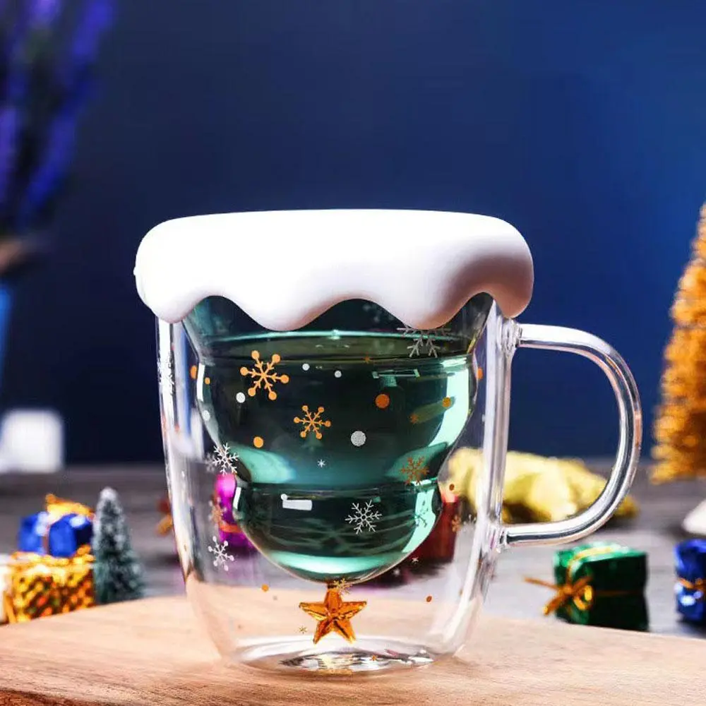 Snowflake Pattern Glass Cup, 1 Count Creative Double Wall Insulated Glass  Coffee Tea Cup with Snowflake Lid, Christmas Gift for Friends & Family