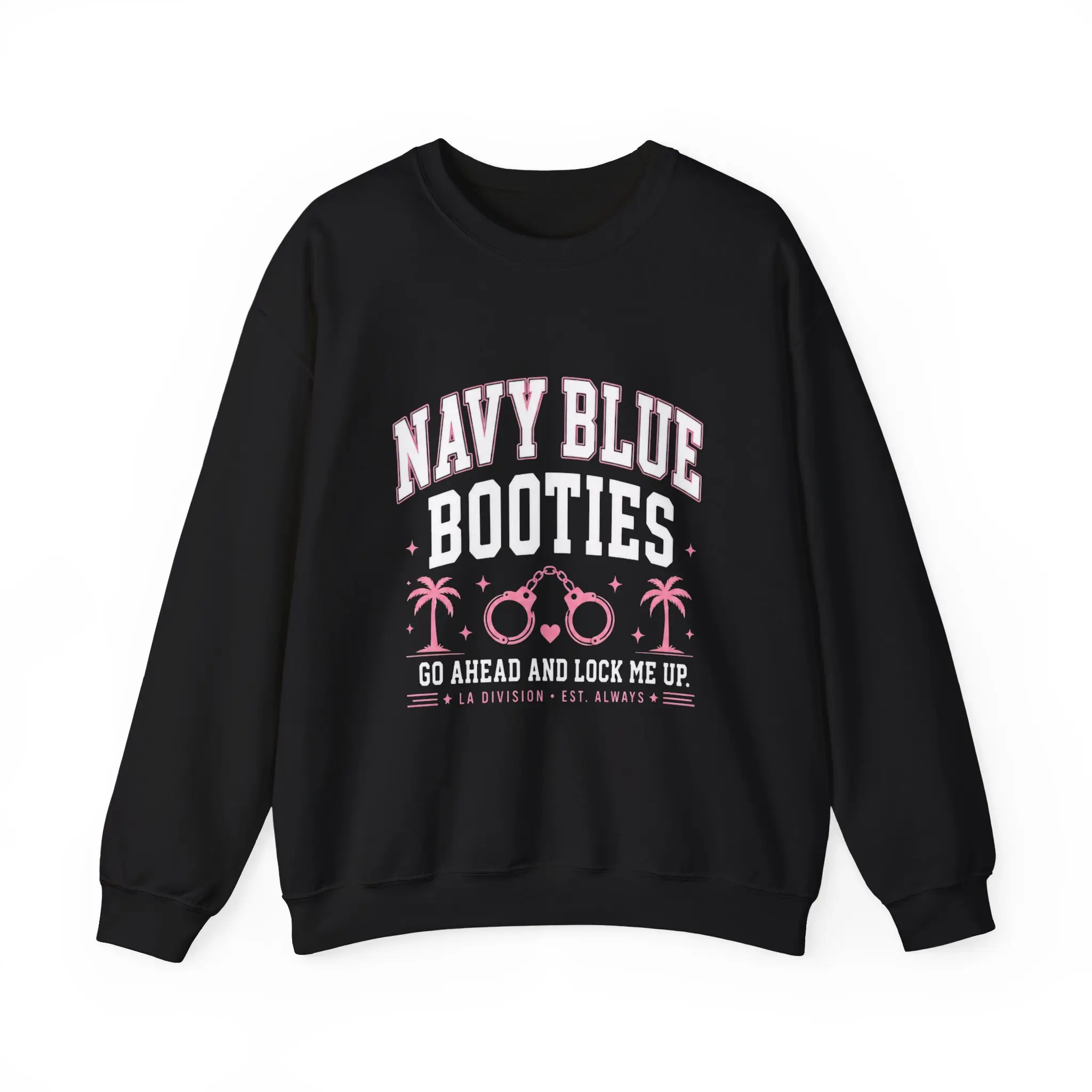 Men's Navy Blue Seaside Graphic Crewneck Sweatshirt - Embroidered Cotton-Poly, Roomy Fit Palm Trees and Sunglasses Design, Embroidered Sweatshirts, Cold Wash, Tops, Fabric, Vibe, Retro, Prints, Ribbed, Menswear, Knit