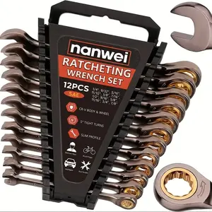 12PCS SAE Ratcheting Combination Wrench Set, 1/4"-7/8" Cr-V Steel Slim Open Box End Spanner Kit with Portable Storage Rack for Auto Bike DIY Repair durable hand tool