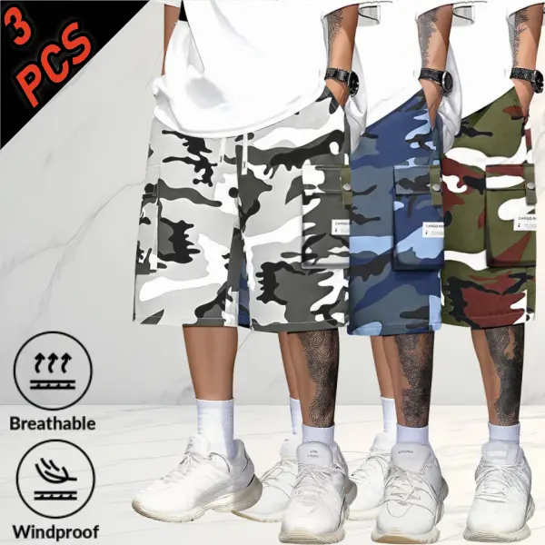 Men’s 3-Pack Knee-Length Loose-Fit Plus-Size Summer Menswear Cargo Shorts - Color-Mixed, Military-Inspired, Color-Block Casual Shorts for Everyday Wear & Outdoor Outings, Color-Mixed Men's Shorts