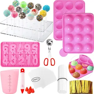 610PCS Pink Cake Pop Molds Kit Lollipop Cake Pop Maker Set with Stand Sticks Wrappers Decorating Pen 4 Piping Tips Measuring Cup