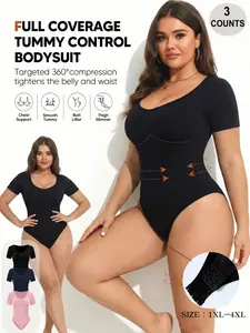 Women's Plus Size Round Neck Long Sleeve Shapewear Bodysuit, Button Design, Comfortable Fit, Body Sculpting Compression, Abdominal Control, Sizes 1xl-4xl