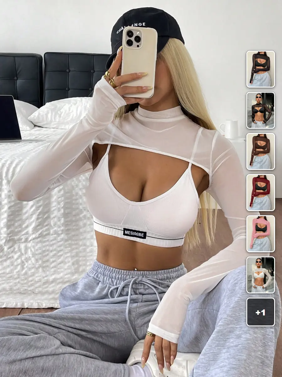 LACEX Pink Sheer Mesh Mock Neck Top Tight Fit Going Out Party Clubwear