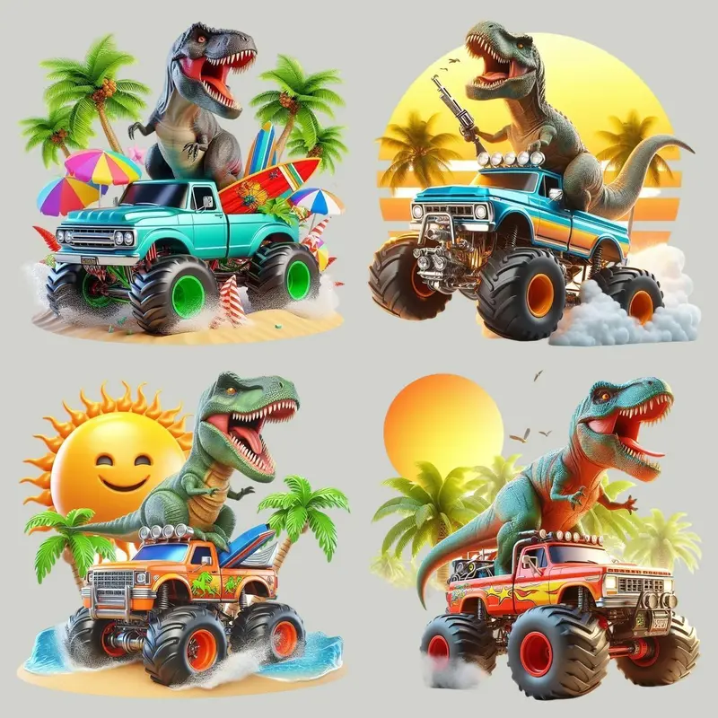 Dinosaur Kart Car Pattern Iron on Transfer Sticker, 4 Counts/set Heat Transfer Sticker, DIY Craft Iron on Transfer Patch for Clothes, DIY Clothing Decoration, Handmade Crafts, Handcraft, Diy Material, DIY Crafts Supplies