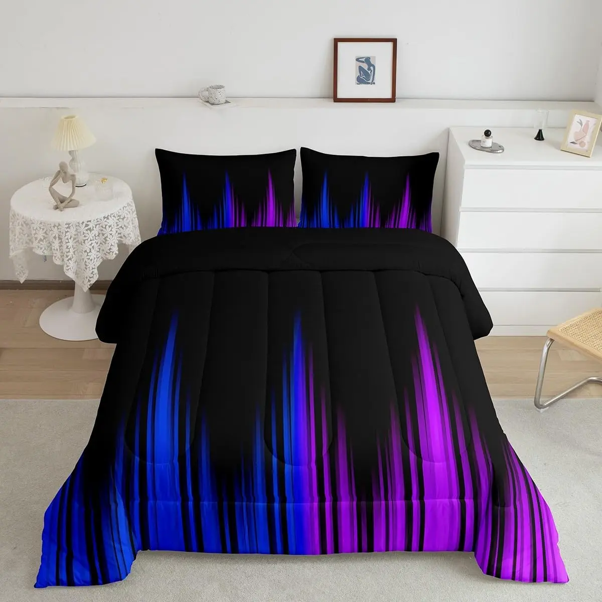 Multi-Size Ombre Striped Geometric Digital Print Duvet Set - Super Soft Microfiber Duvet Cover, Breathable Modern Bedroom Bedding Set (Blue-Purple-Black Designer Style), Stripes