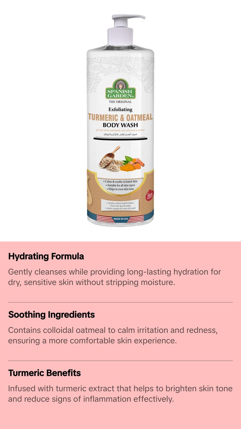 Turmeric Oatmeal Body Wash – Brightening & Exfoliating Cleanser for Dry, Sensitive Skin – Soothing Anti-Inflammatory Formula for Dark Spots, Acne & Irritation